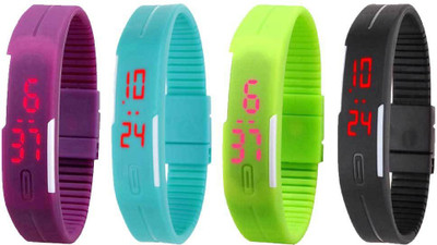 

NS18 Silicone Led Magnet Band Combo of 4 Purple, Sky Blue, Green And Black Watch - For Boys & Girls