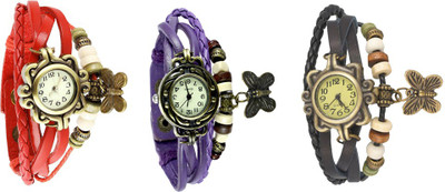 

Kissu Vintage Rakhi Watch Combo of 3 Red, Purple And Black Watch - For Women