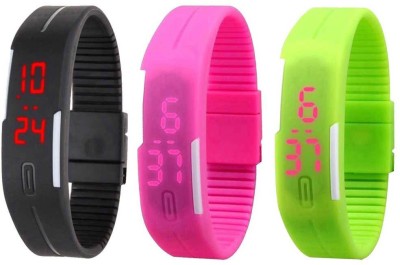 NS18 Silicone Led Magnet Band Combo of 3 Black, Pink And Green Digital Watch  - For Boys & Girls   Watches  (NS18)