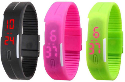 

Kissu Led Band Watch Combo of 3 Black, Pink And Green Watch - For Couple