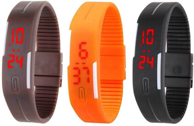 

NS18 Silicone Led Magnet Band Combo of 3 Brown, Orange And Black Watch - For Boys & Girls