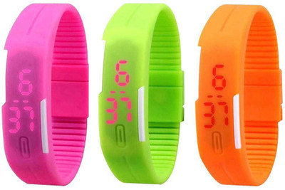 

NS18 Silicone Led Magnet Band Combo of 3 Pink, Green And Orange Watch - For Boys & Girls