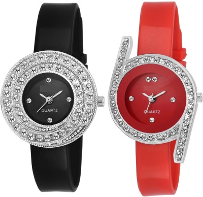 Pappi Boss QUALITY ASSURED - PACK OF 2 - Classic Black & Sober Red Stone Studded Casual Analog Watch  - For Women   Watches  (Pappi Boss)