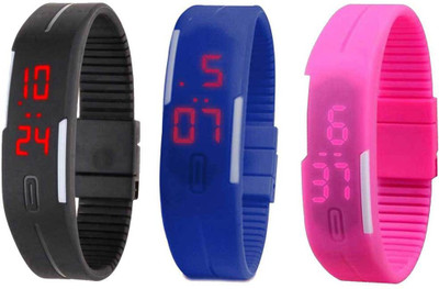 NS18 Silicone Led Magnet Band Combo of 3 Black, Blue And Pink Watch - For Boys & Girls