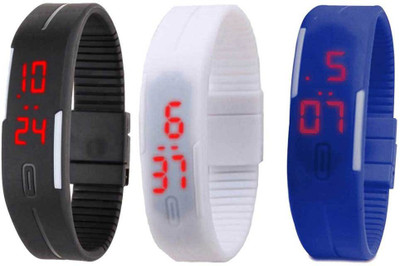 

NS18 Silicone Led Magnet Band Combo of 3 Black, White And Blue Watch - For Boys & Girls