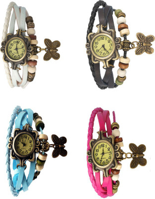 

Kissu Vintage Rakhi Combo of 4 White, Sky Blue, Black And Pink Watch - For Women