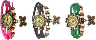 NS18 Vintage Butterfly Rakhi Watch Combo of 3 Pink, Black And Green Analog Watch  - For Women   Watches  (NS18)