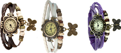 

NS18 Vintage Butterfly Rakhi Watch Combo of 3 Brown, White And Purple Watch - For Women