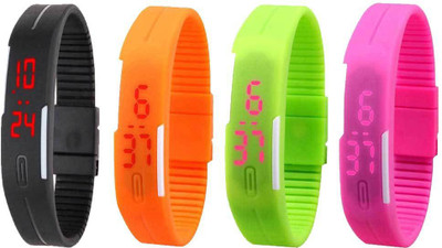 

NS18 Silicone Led Magnet Band Combo of 4 Black, Orange, Green And Pink Watch - For Boys & Girls