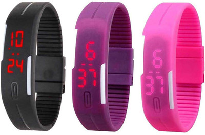 

NS18 Silicone Led Magnet Band Combo of 3 Black, Purple And Pink Watch - For Boys & Girls