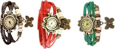 

Kissu Vintage Rakhi Watch Combo of 3 Brown, Red And Green Watch - For Women