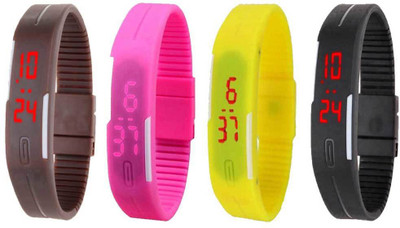 Kissu Led Magnet Band Combo of 4 Brown, Pink, Yellow And Black Watch - For Men & Women