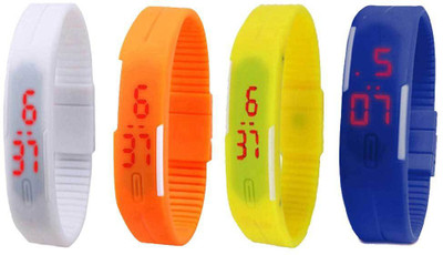 NS18 Silicone Led Magnet Band Combo of 4 White, Orange, Yellow And Blue Watch - For Boys & Girls