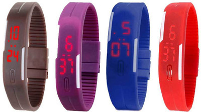 NS18 Silicone Led Magnet Band Watch Combo of 4 Brown, Purple, Blue And Red Watch - For Couple