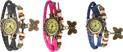

NS18 Vintage Butterfly Rakhi Watch Combo of 3 Black, Pink And Blue Watch - For Women