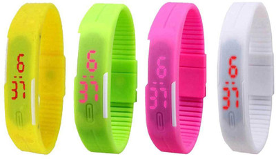 

NS18 Silicone Led Magnet Band Combo of 4 Yellow, Green, Pink And White Watch - For Boys & Girls
