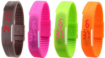 

NS18 Silicone Led Magnet Band Combo of 4 Brown, Pink, Green And Orange Watch - For Boys & Girls