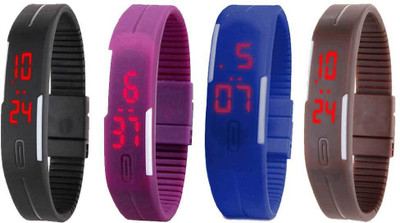 

NS18 Silicone Led Magnet Band Combo of 4 Black, Purple, Blue And Brown Watch - For Boys & Girls