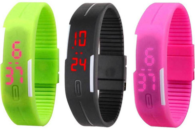 

NS18 Silicone Led Magnet Band Combo of 3 Green, Black And Pink Watch - For Boys & Girls