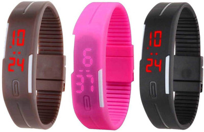 

Kissu Led Band Watch Combo of 3 Brown, Pink And Black Watch - For Couple