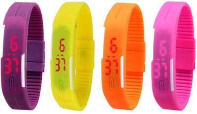 

NS18 Silicone Led Magnet Band Watch Combo of 4 Purple, Yellow, Orange And Pink Watch - For Couple