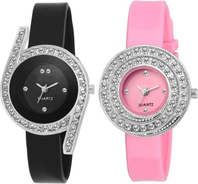 Pappi Boss QUALITY ASSURED - PACK OF 2 - Sober Black & Classic Cute Pink Stone Studded Casual Analog Watch  - For Girls   Watches  (Pappi Boss)