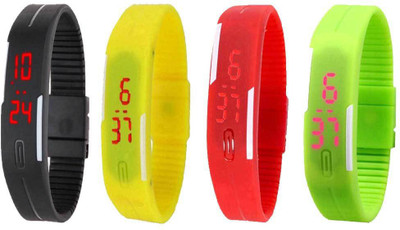 

NS18 Silicone Led Magnet Band Combo of 4 Black, Yellow, Red And Green Watch - For Boys & Girls