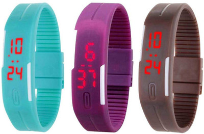 

NS18 Silicone Led Magnet Band Combo of 3 Sky Blue, Purple And Brown Watch - For Boys & Girls