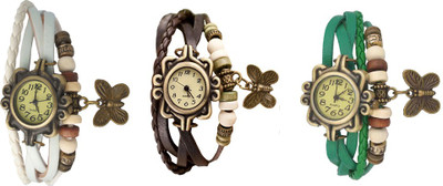 

NS18 Vintage Butterfly Rakhi Watch Combo of 3 White, Brown And Green Watch - For Women