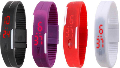 

NS18 Silicone Led Magnet Band Combo of 4 Black, Purple, Red And White Watch - For Boys & Girls