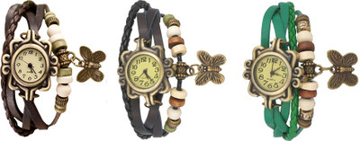 

NS18 Vintage Butterfly Rakhi Watch Combo of 3 Brown, Black And Green Watch - For Women