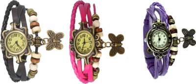 NS18 Vintage Butterfly Rakhi Watch Combo of 3 Black, Pink And Purple Analog Watch  - For Women   Watches  (NS18)