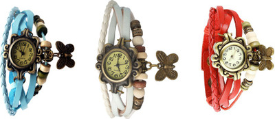 

NS18 Vintage Butterfly Rakhi Watch Combo of 3 Sky Blue, White And Red Watch - For Women