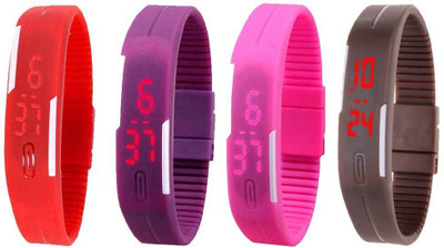 

NS18 Silicone Led Magnet Band Combo of 4 Red, Purple, Pink And Brown Watch - For Boys & Girls