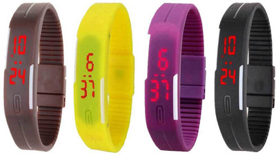 

NS18 Silicone Led Magnet Band Combo of 4 Brown, Yellow, Purple And Black Watch - For Boys & Girls