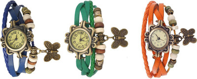 

Kissu Vintage Rakhi Watch Combo of 3 Blue, Green And Orange Watch - For Women