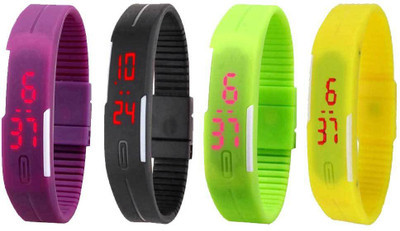 

NS18 Silicone Led Magnet Band Combo of 4 Purple, Black, Green And Yellow Watch - For Boys & Girls