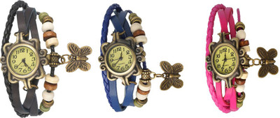 

Kissu Vintage Rakhi Watch Combo of 3 Black, Blue And Pink Watch - For Women