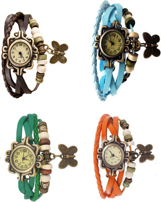 

Kissu Vintage Rakhi Combo of 4 Brown, Green, Sky Blue And Orange Watch - For Women