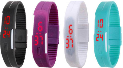 

NS18 Silicone Led Magnet Band Watch Combo of 4 Black, Pink, White And Sky Blue Watch - For Couple