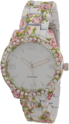

Zillion Platinum Ceramic White Floral Print Watch - For Women
