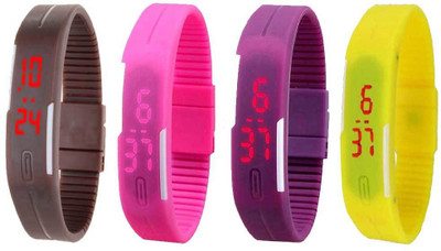 

NS18 Silicone Led Magnet Band Combo of 4 Brown, Pink, Purple And Yellow Watch - For Boys & Girls