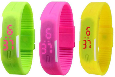 

NS18 Silicone Led Magnet Band Combo of 3 Green, Pink And Yellow Watch - For Boys & Girls