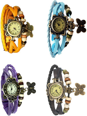 

NS18 Vintage Butterfly Rakhi Combo of 4 Yellow, Purple, Sky Blue And Black Watch - For Women