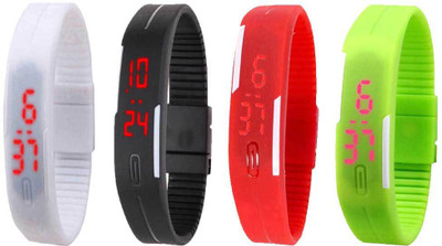 Kissu Led Magnet Band Combo of 4 White, Black, Red And Green Watch - For Men & Women
