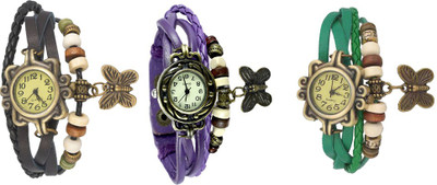 

NS18 Vintage Butterfly Rakhi Watch Combo of 3 Black, Purple And Green Watch - For Women