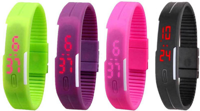 

NS18 Silicone Led Magnet Band Combo of 4 Green, Purple, Pink And Black Watch - For Boys & Girls