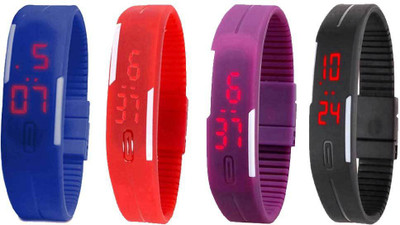 NS18 Silicone Led Magnet Band Combo of 4 Blue, Red, Purple And Black Watch - For Boys & Girls