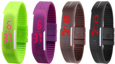 

NS18 Silicone Led Magnet Band Combo of 4 Green, Purple, Brown And Black Watch - For Boys & Girls