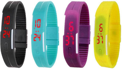 

NS18 Silicone Led Magnet Band Combo of 4 Black, Sky Blue, Purple And Yellow Watch - For Boys & Girls
